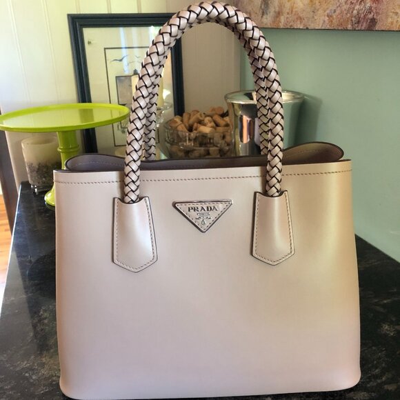 PRADA City Calfskin Braided Medium Double Bag Cammeo Beige - Picture 2 of 16